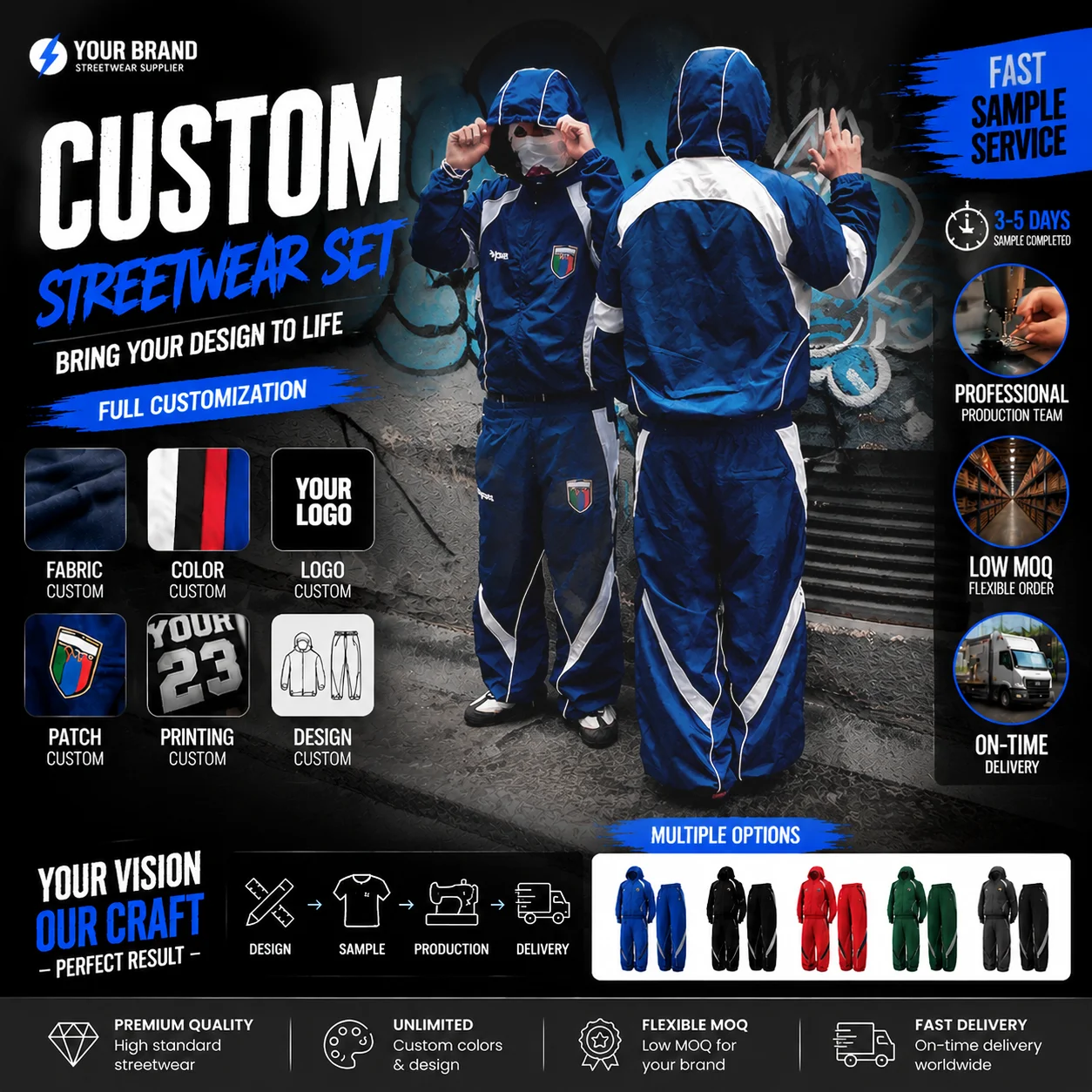 Salati Custom Patchwork Nylon Tracksuit for Men Embroidery Patch logo Hooded Jacket Stack Sweatpants 2Piece Streetwear Tracksuit