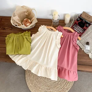 2026 Girls Summer Ruffle Dress Korean Style Princess Dress Red Solid Color Polo Ruffle Skirt Dress