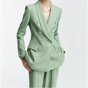 Women's British-Style Double-Breasted Trousers Set Fruit Green Slimming Business Casual 2-Piece Suit & Blazers