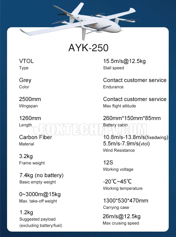 Foxtech Ayk-250 Vtol Fixed Wing Frame Monitoring Land Drone Uav Survey ...
