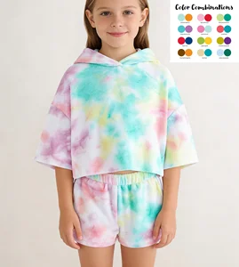 Wholesale Custom logo rainbow Tie Dye Towel Cloth Beach Set Hoodie and Shorts Set Kids Clothing Set for Ages 3-16