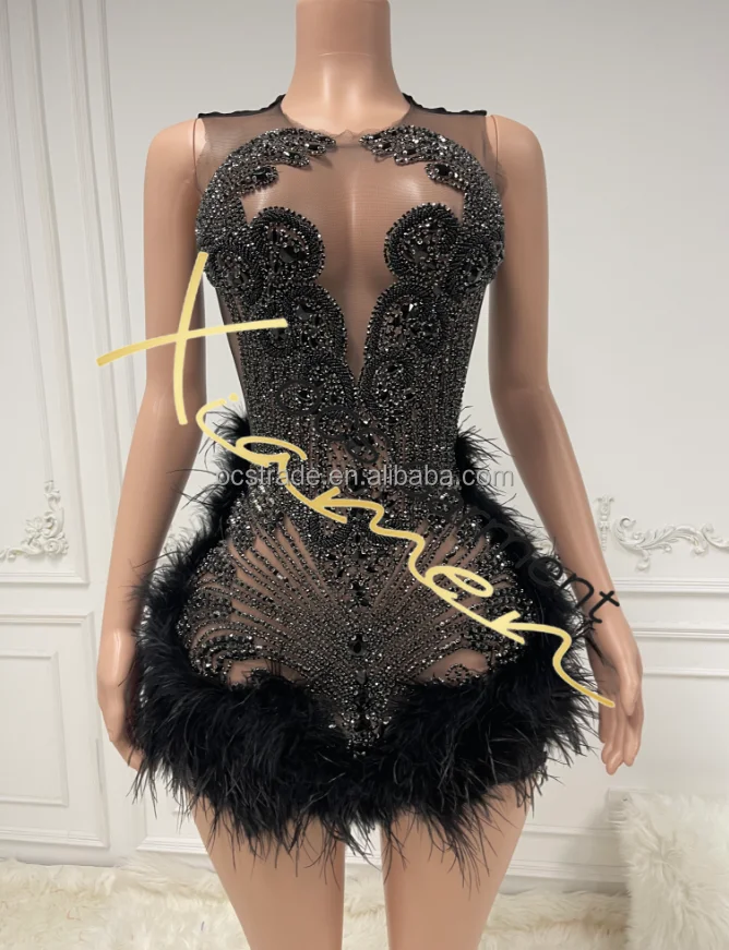 knee length dresses for ladies Black Sheer Gown with Feathered Sleeves main image 1