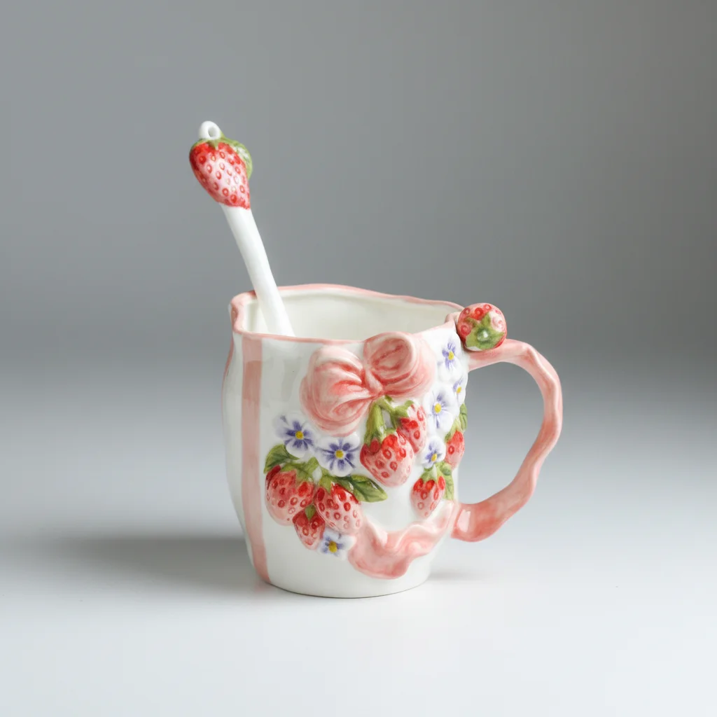 Creatieve, moderne minimalistische keramische mok met handgeschilderd bessenlintontwerp, inclusief lepel voor kantoorcoffie en melk