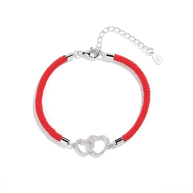 Wholesale Factory Fashion CZ  Double Heart Love 925 Sterling Silver Jewelry Rope Adjustable Designers Red Heart Bracelet
