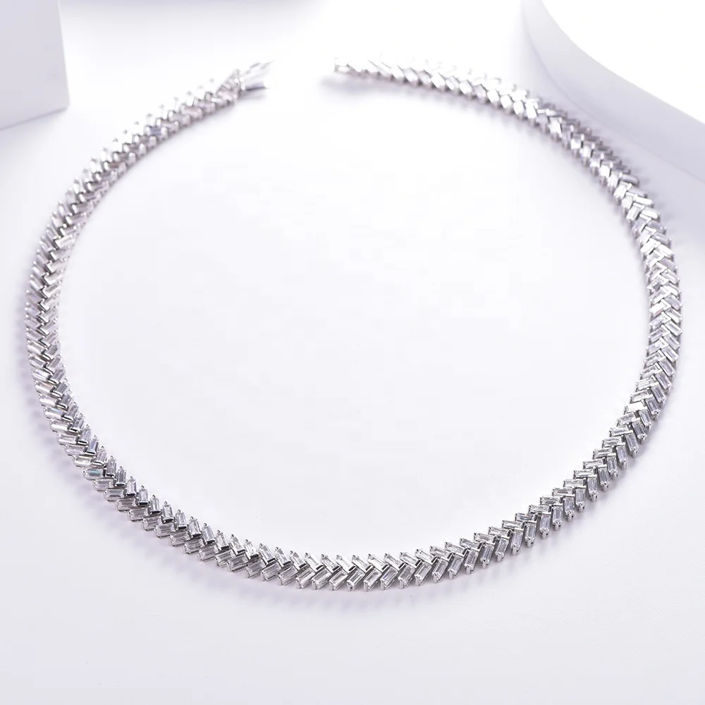 Wholesale fashion necklace Baguette Zircon Diamond Hip Hop Womens CZ Stone Necklace fishbone necklace Women