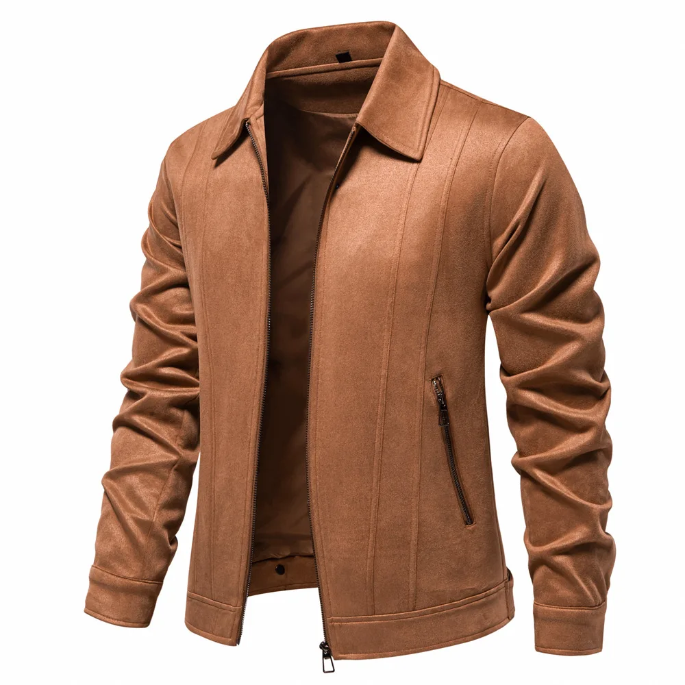Men's Suede Jacket Solid Colour Lapel Casual Outdoor Autumn Coat_voghion.com