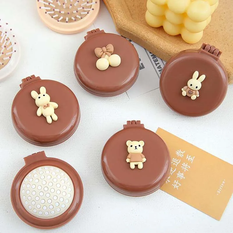 Wholesale Plastic Folding Pocket Cartoon Bear HairBrush Hair Comb With Makeup Mirror Mini Foldable Cute Travel Round Hair Brush