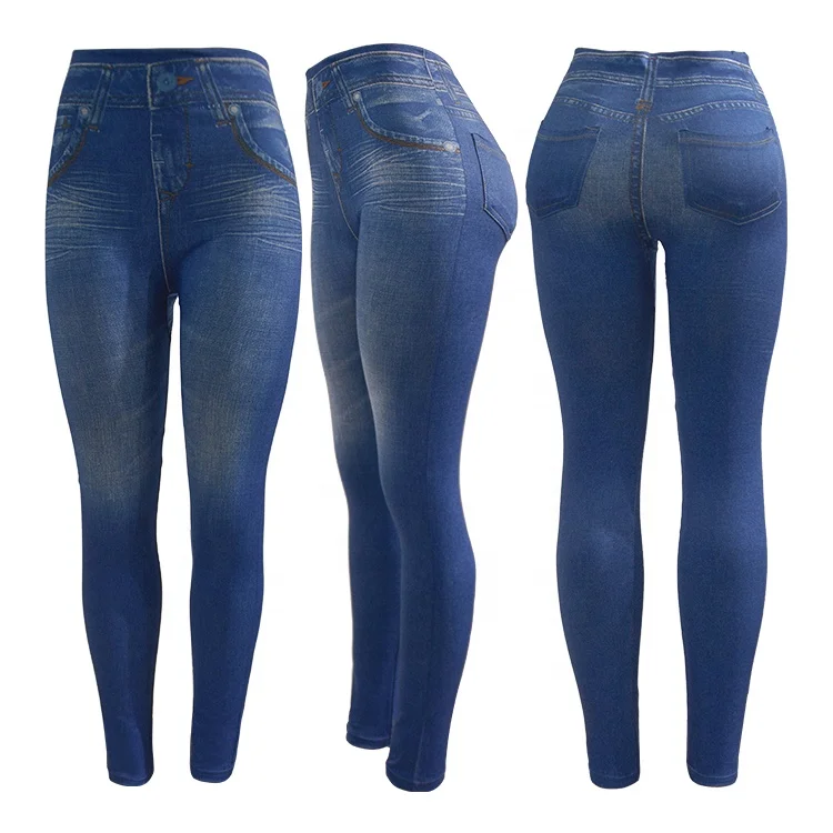 Casual High Waist Jeggings Blue False Jeans Elegant Leggings Women