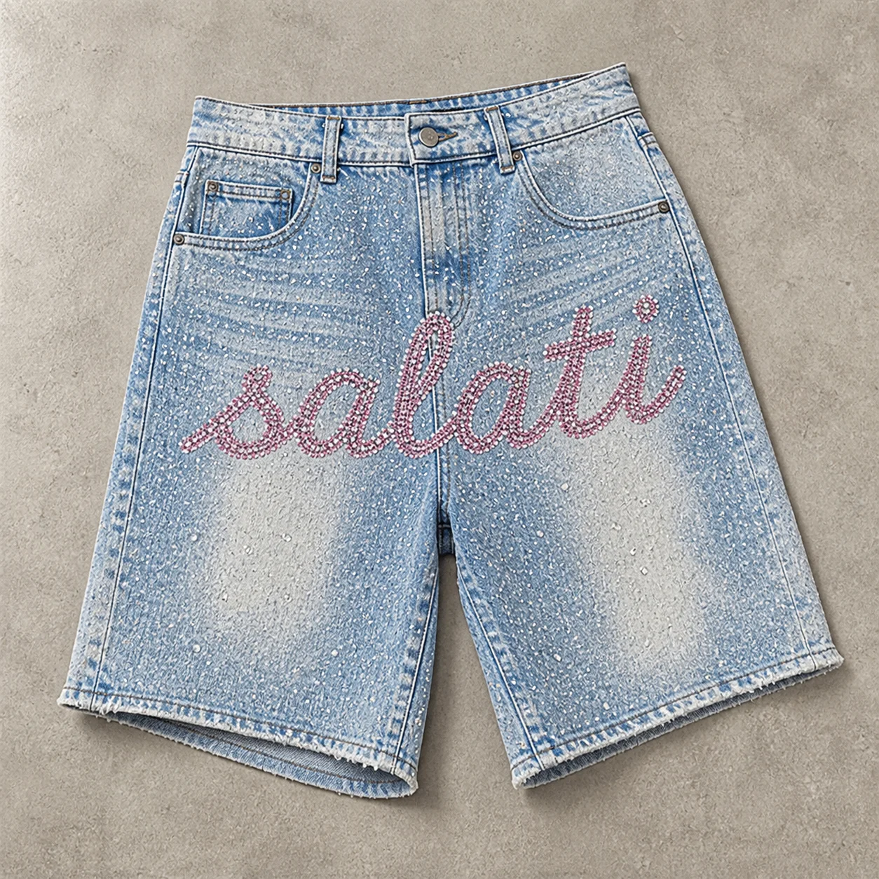 Custom Clothing Manufacturer's Men's Vintage Straight Jeans Retro Hem Rhinestone Summer Mid Waist Pickled Street Denim Shorts