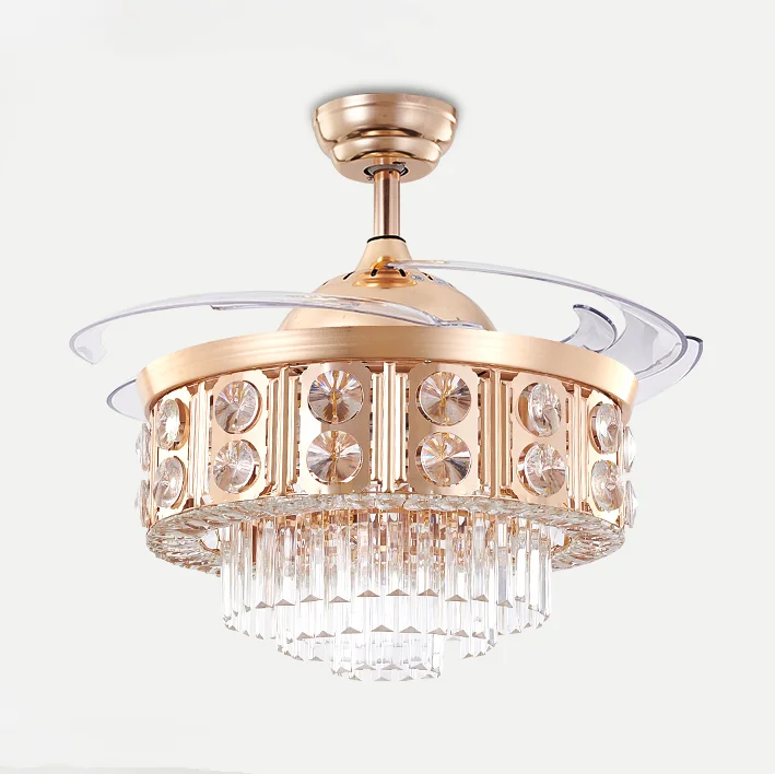 LED invisible modern crystal ceiling fan with light fixtures fan chandelier dining room decoration fan lighting