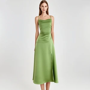 Custom High Quality Spaghetti Strap Satin Midi Dress with Asymmetric Ruched Waist and Side Slit