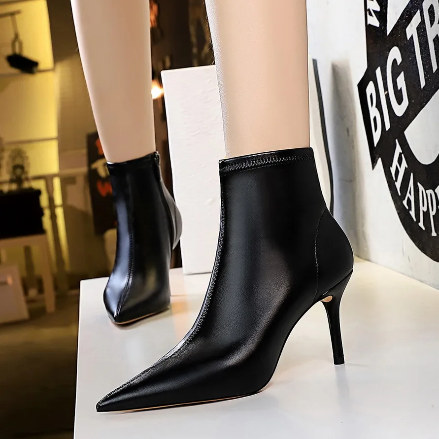 Designer High Heel Pu Leather Zipper Ankle Boots For Women