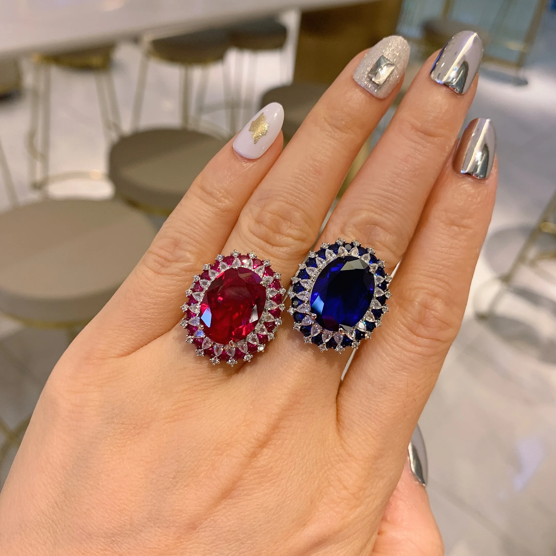 EYIKA Oval Shape Red Ruby Jewelry Cubic Zircon Halo Ruby Gemstone Ring for Wedding
