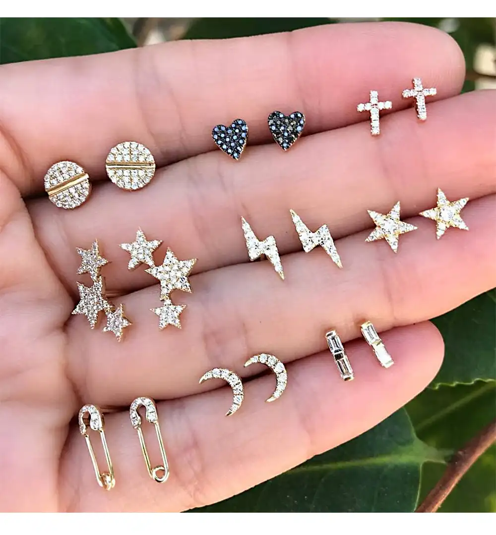 Women's 3pcs Cute Small Moon Star Heart Ear Stud Earrings Set Punk Jewelry Gift