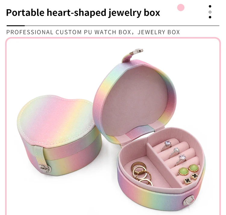 High Quality Heart Shape Rainbow Color Glitter Jewelry Organizer Storage Case Cute Leather