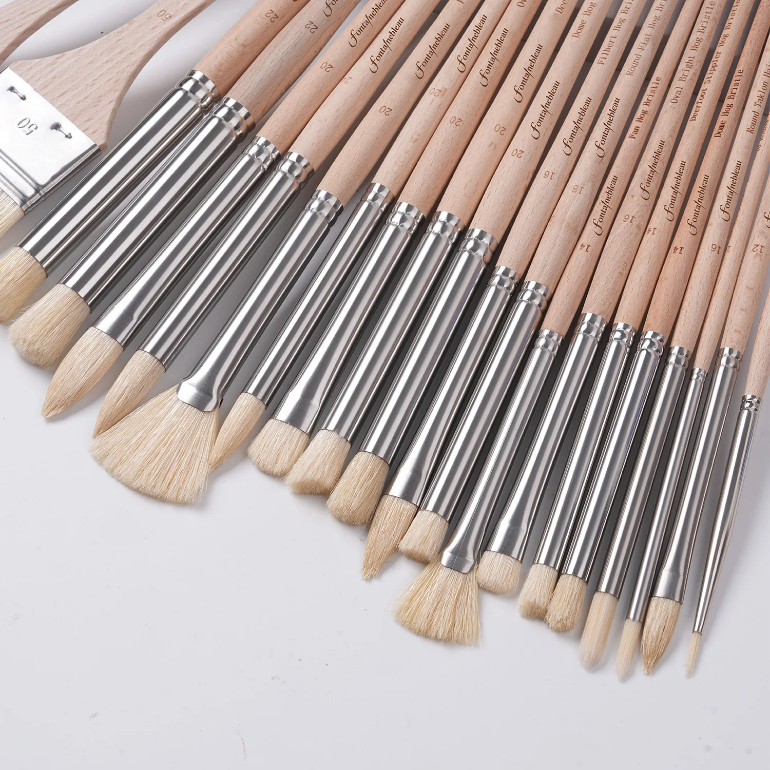 Fontainebleau New Arrival 24pcs Oil Brush Set Hog Bristle Wooden Handle Artist Paint Brush for Acrylic Oil Paiting