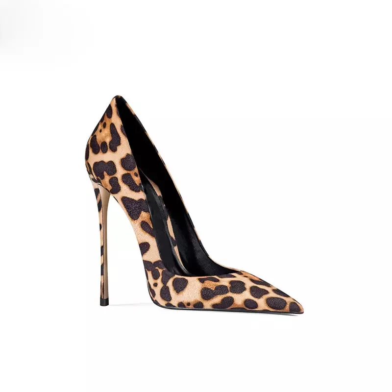 Xinzirain Customize Latest Design Ladies High Heels Shoes Leopard Print Shallow Mouth 12cm Pencil Heel Women Leopard Heel Pumps