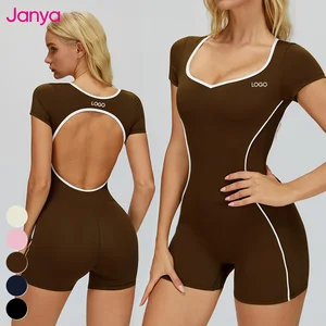 Janya Color Blocking Quick Dry Workout Wear Short Sleeve Backless Breathable Sports Bodysuit One Piece Fitness Yoga Jumpsuit