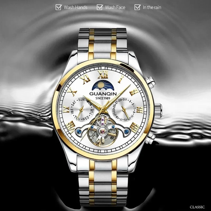 Guanqin GJ16149 hommes montres mécaniques 5Bar étanche inoxydable poignet  mécanique automatique affaires montre pour hommes