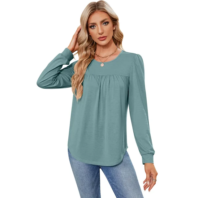 Fall Round Neck long sleeve woman's blouse shirts fashionable pleated solid color loose blouse For woman