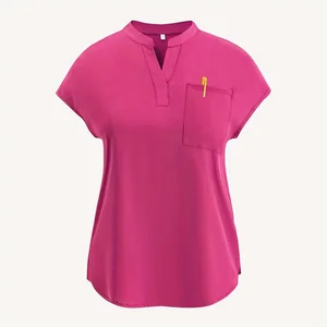 Unisex Plain Color Nurse Uniform Shirt Shoulder Sleeves and Pocket V-Neck Patchwork Split Scrub Sets Woven Fabric