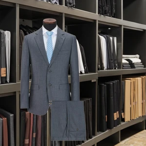 OEM ODM High-End Blue Striped Anti-Static Business Suit Jacket Breathable Viscose Material Double Breasted Closure Custom