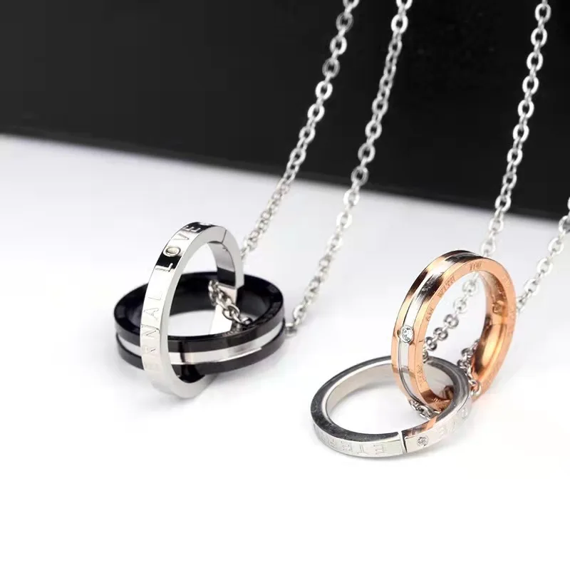 YWLY Two Rings Stainless Steel Pendant Necklace for Couples