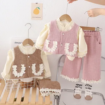 Girls autumn clothing vest suit Western style 2024 New Casual children spring and autumn clothes three-piece set