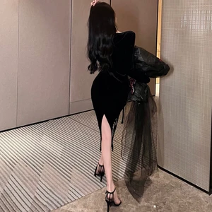 Women's Long-Sleeve Square-Neck Gold Velvet Pencil Dress - Calf-Length, Casual & Slimming for Daily Wear