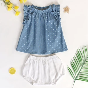Breathable Soft Customized logo Children Girls Clothing Sets Ruffled Sleeve Children Clothes Set