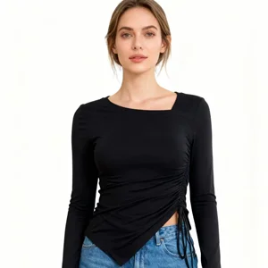 Women's Spring/Autumn Knitted Soft Stretch High Quality Asymmetric Neckline & Bottom Drawstring Ruched Long Sleeve Slim Top