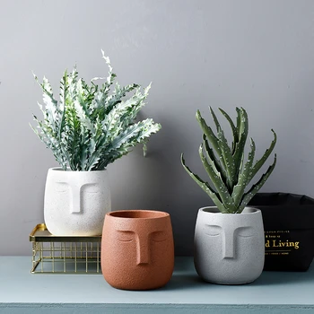 5.5 inch Nordic Creative Abstract Human Face Cement Cactus Succulent Flowerpot Home Garden Cement Pots for Plants