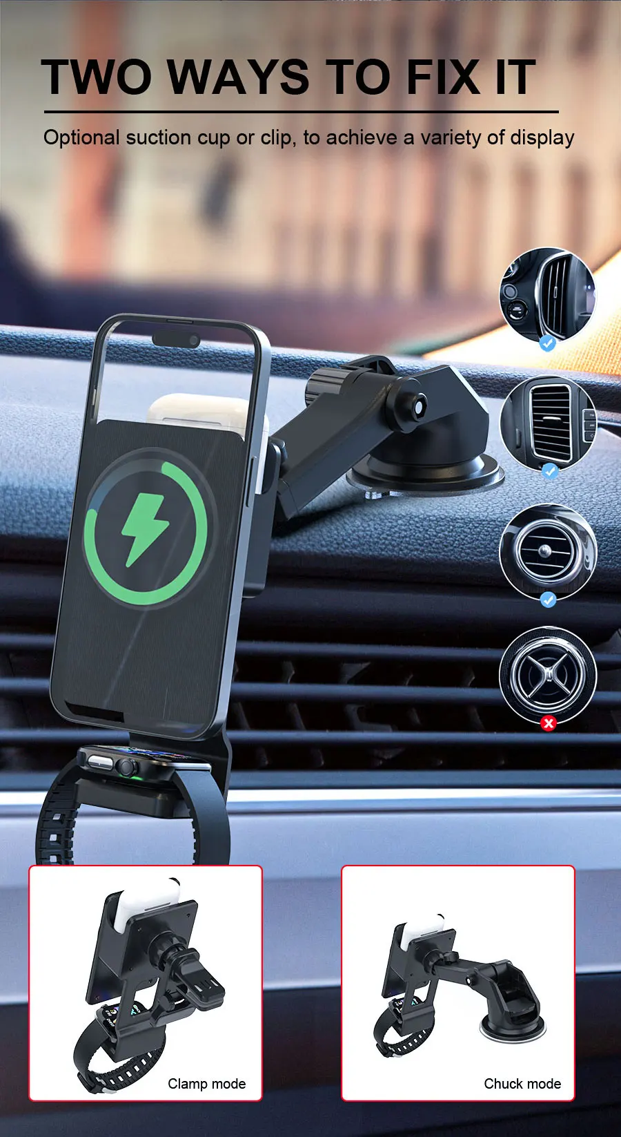 Hinyx Car Phone Holder Wireless Charger, 15W Fast Charging For Magnetic