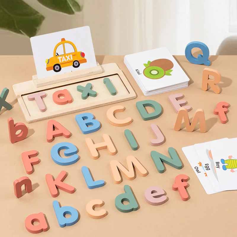 Jeu d’orthographe en bois avec lettres alphabétiques — Jeu de correspondance lettres/mots, puzzle de mots courants, cartes-images pour apprentissage visuel, jouet Montessori — Fabrication sur mesure (OEM/ODM)