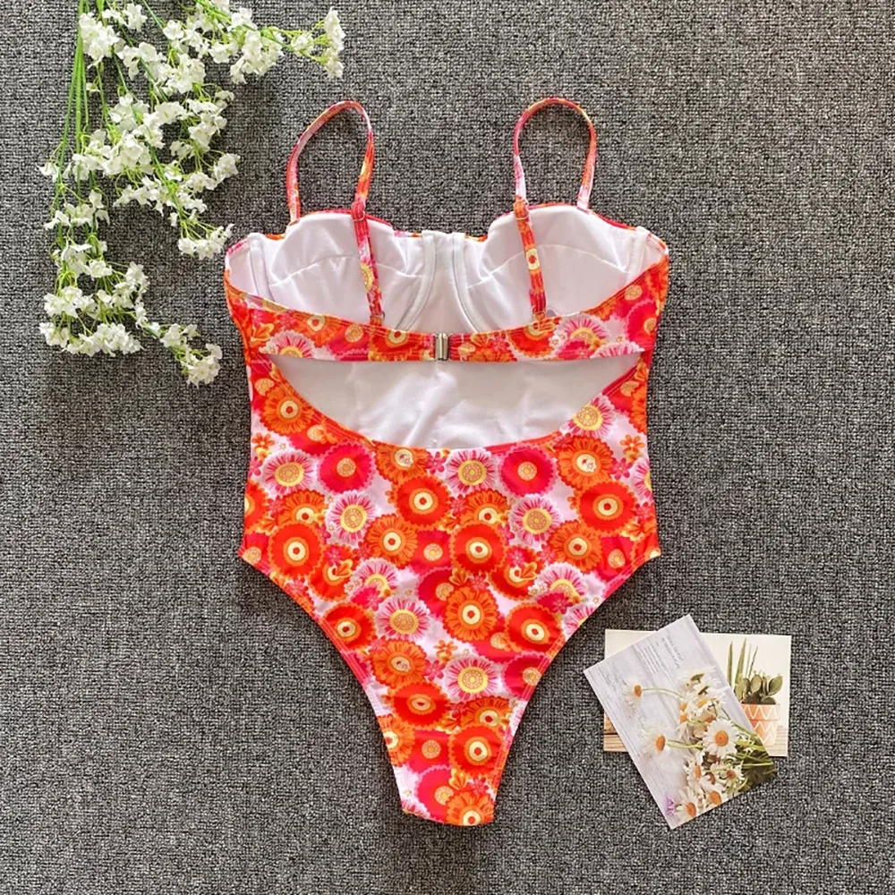 DAMOCHIC New Design Bathing Suits for Women One Piece Swimsuits Floral Print Plaid Push Up Backless Thong Swimwear for Women