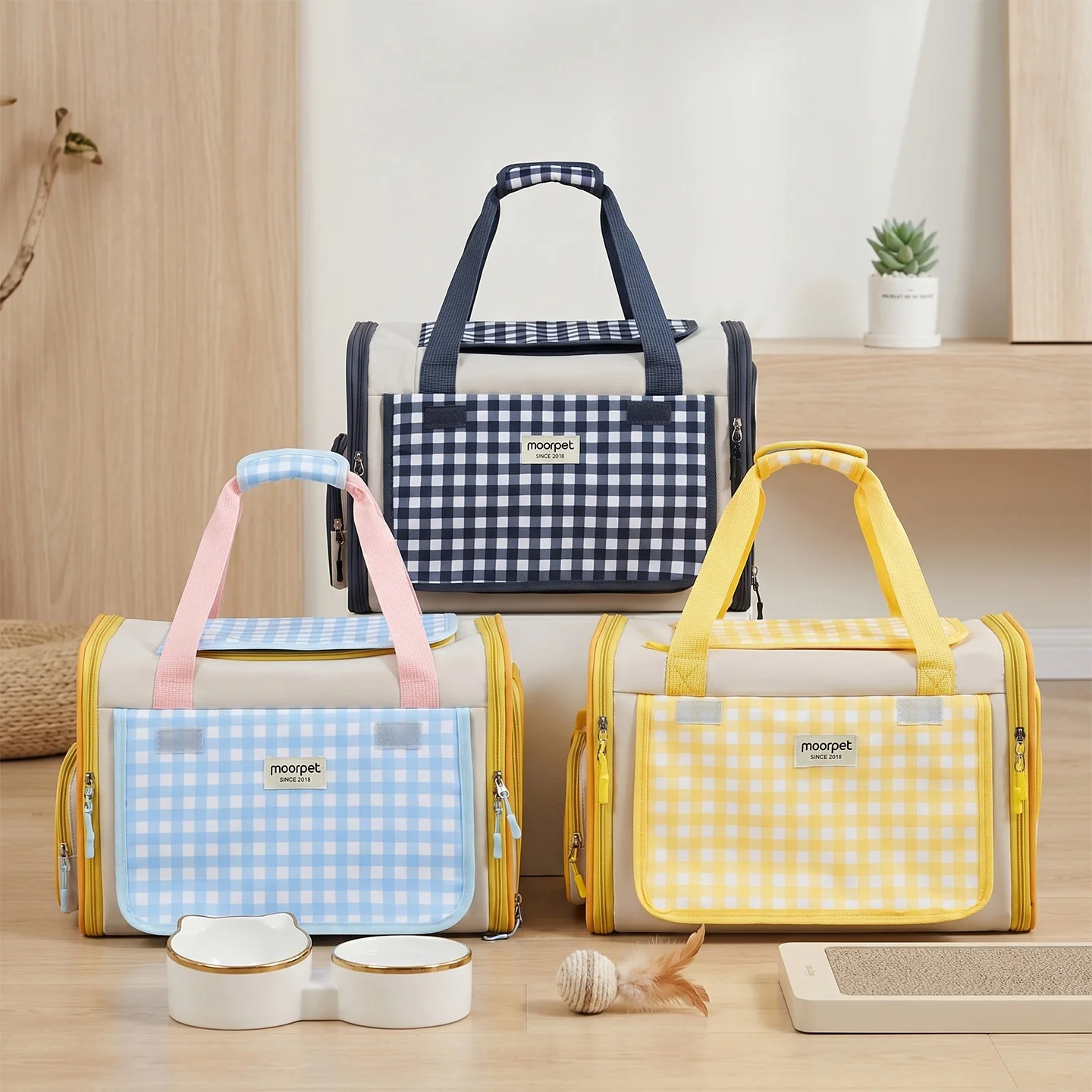 Moorpet Oxford Large-Capacity Cat & Dog Carrier-Shoulder Hand-Held Cross-Body Design Plaid Pattern 3kg Capacity