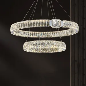 Circles Ceiling Lights Living Room Stainless Steel Hight Adjustable Crystal Ring Chandelier Lamp