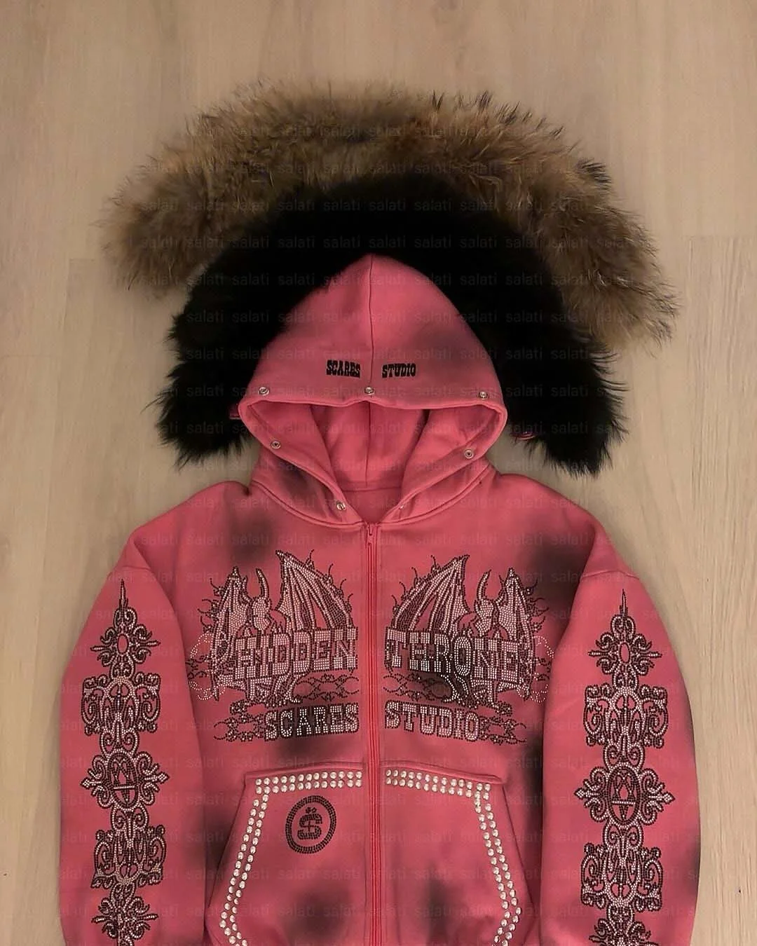Salati Custom Cotton Stud Rivet Diamond Detachable Faux Fur Faded Effect Dirty Wash Zip up Rhinestone Unisex Men Hoodie With Fur gallery 4