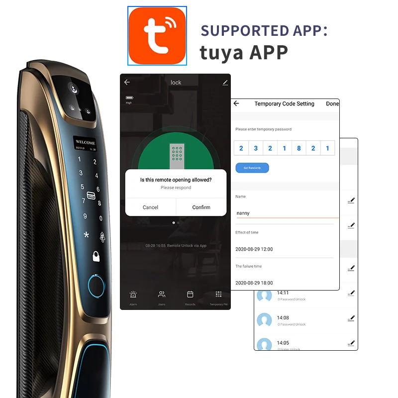 Premium quality Golden color smart lock Tuya Face Recognition Fingerprint Smart Door Lock with camera for home D28