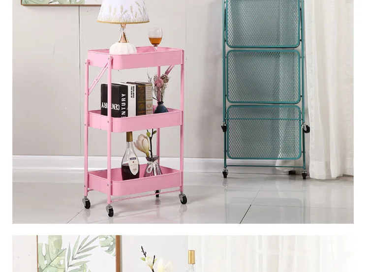 Folding Trolley Rack Floor Movable 3-storey Kitchen Basket Storage Rack Home Snack Storage Rack supplier