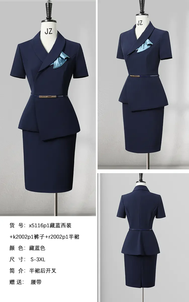 High-End Professional Summer Business Office Women's Thin Short-Sleeved Two Pieces Plus Size Suit & Blazers Skirt Set factory