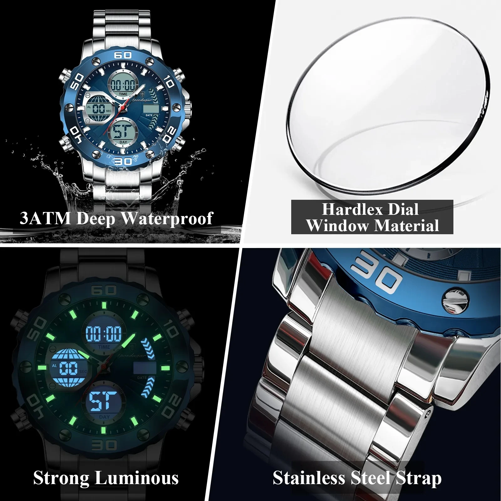 POEDAGAR E102 Montres numériques chronographes électroniques multifonctions  pour hommes Montre analogique à quartz étanche en acier inoxydable pour