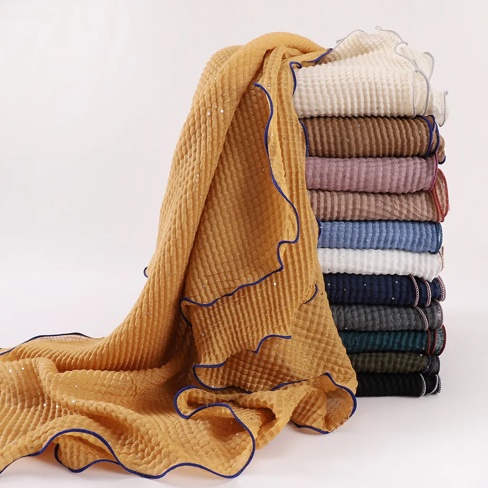 Nouveau brillant plissé paillettes Viscose Hijab écharpe bords