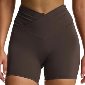 Fuyida Custom Workout Biker Shorts Women Cross-Waist Tummy Control High Waisted Ruched Spandex/Nylon Yoga Short Four-Way XS