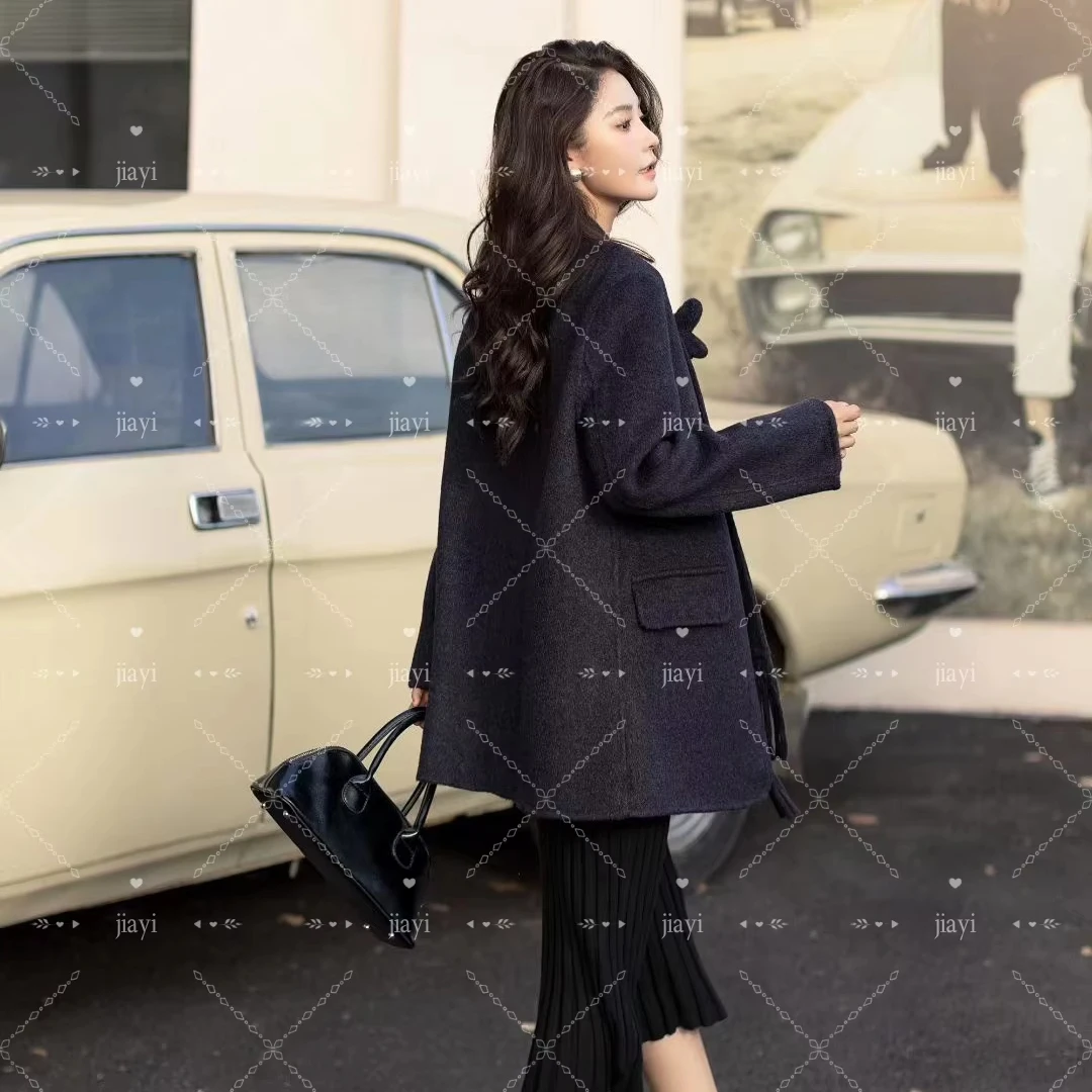 Handmade Women's Double Faced Wool Overcoat Spring Winter Long Trench Fitted Wool Coat Single Breasted Closure