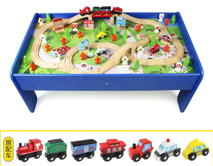 Hot sale 90 PCS wooden train track toys with table wooden table train track toys set children wooden rail train table