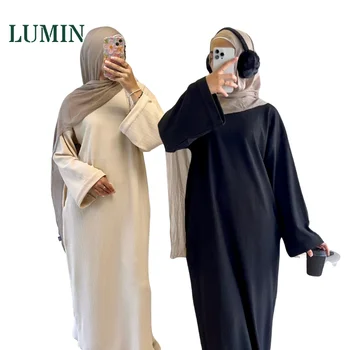 Lumin's Latest Casual Modest Islamic Clothing Soft Cotton Corduroy Abaya Dress for Women Closed Abaya with Pockets