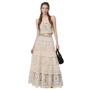 Spring New Slimming A-Line Elastic Waist Natural Casual Crocheted Solid Polyester Chiffon Hollow Out Midi Skirt for Women