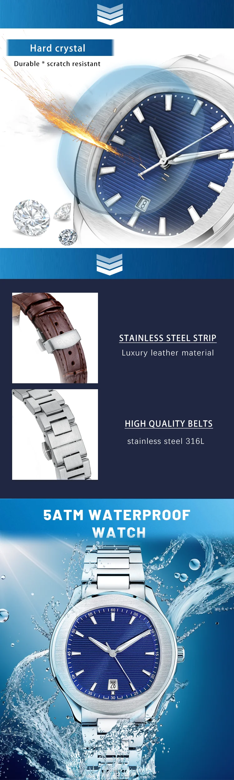 Domed Glass Stainless Steel Back Cover Leather Wrist Watch For Man ...