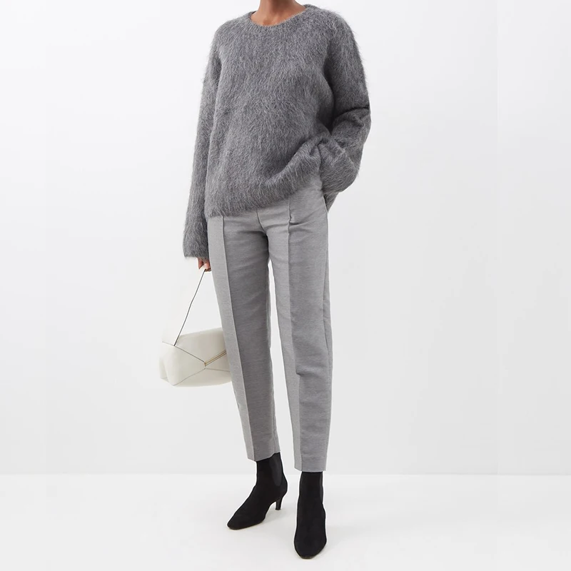 OEM Custom logo Design Pullover Crew Neck Knit Stretch Women Men Long Hairy Knitted Fuzzy Chunky Blend Alpaca Wool Sweater
